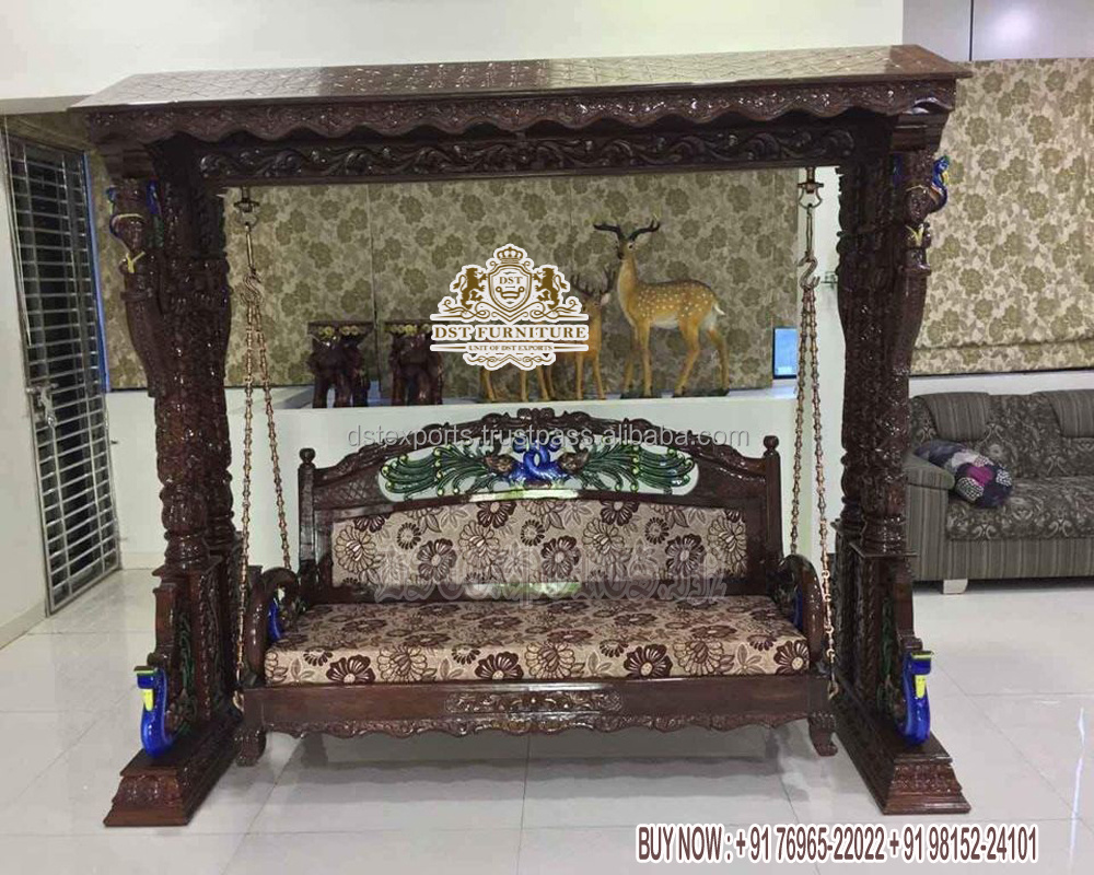 Premium Teak Wooden Swan Carved Swing Antique Hand Carved Jhula For Living Are Walnut Finish Peacock Swing For Home