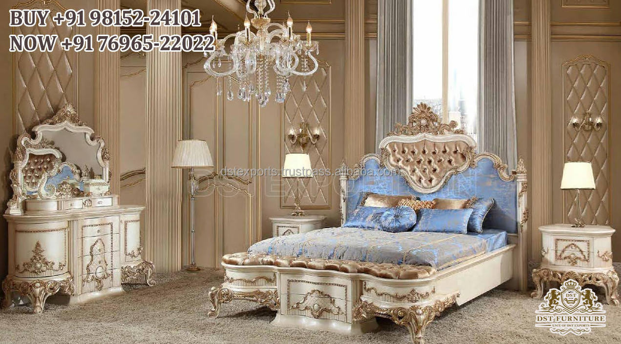 Indian Classic Design Sleigh Bedroom Furniture Vintage Style Heavy Carved Bed With Nightstand Turkish Design Bed with Side Table