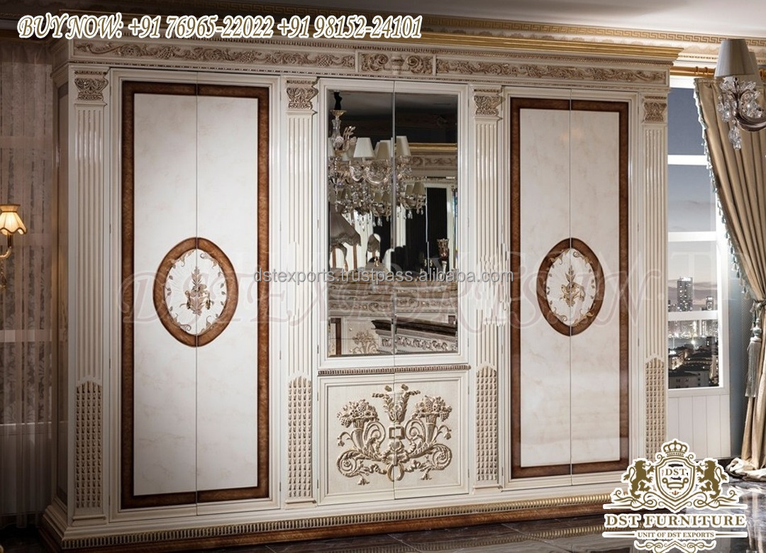 Mexican Style Elegant Theme Bedroom Wardrobe Classic Gold Leaf Carved 4 Door Wardrobe Majestic Master Wardrobe Luxury Villa