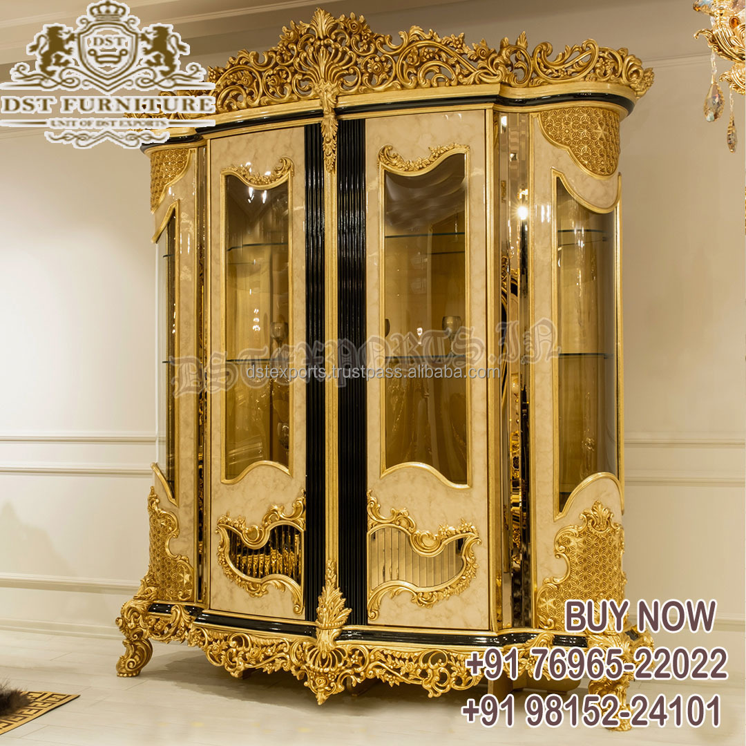 Mexican Style Elegant Theme Bedroom Wardrobe Classic Gold Leaf Carved 4 Door Wardrobe Majestic Master Wardrobe Luxury Villa