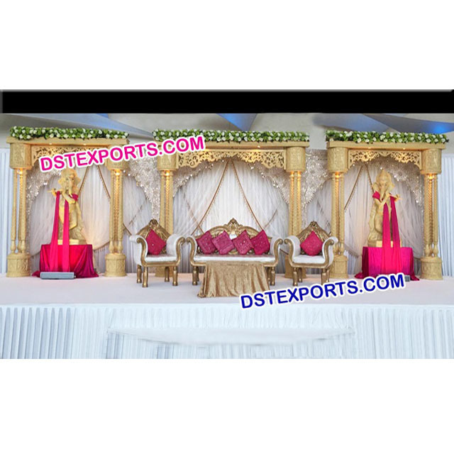 Traditional Indian Wooden Pillars Stage Handmade Wooden Carved Double Pillars Stage Set  Indian Wedding stage manufacturer