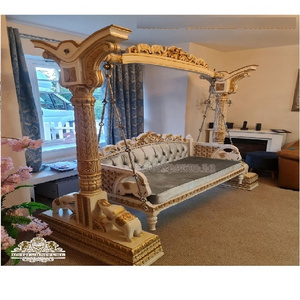 White Gold Teak Wood Jhula For Lobby Online  Fully Hand Carved  Teak Wooden  Jhula For Home Antique Elephant Carved Swing Set