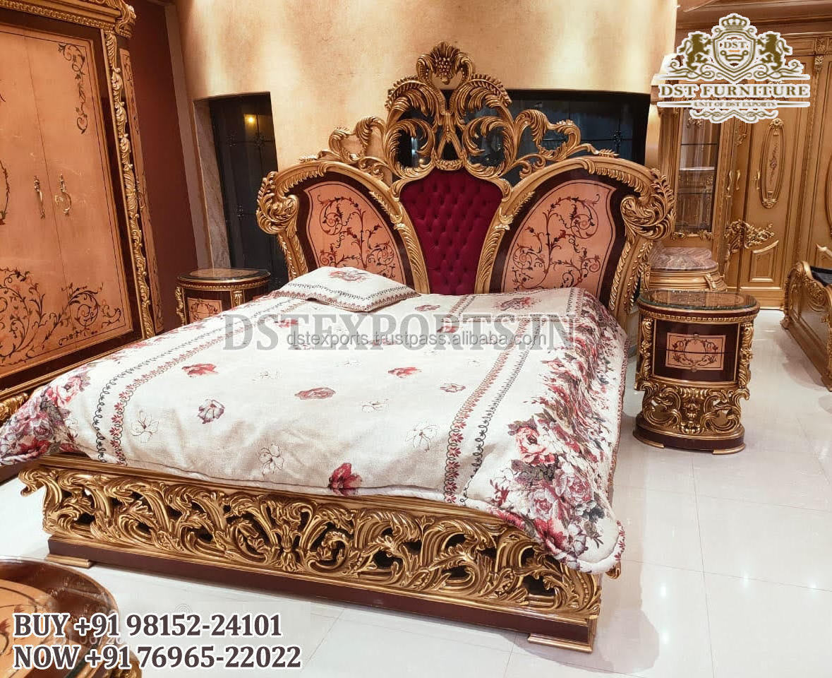 Royal King Size Canopy Bed for Grand Villa Exclusive Gold Finish King Bedroom furniture Grand Villa Queen Size Four Poster Bed