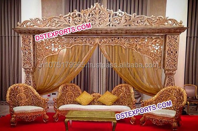 Traditional Indian Wooden Pillars Stage Handmade Wooden Carved Double Pillars Stage Set  Indian Wedding stage manufacturer