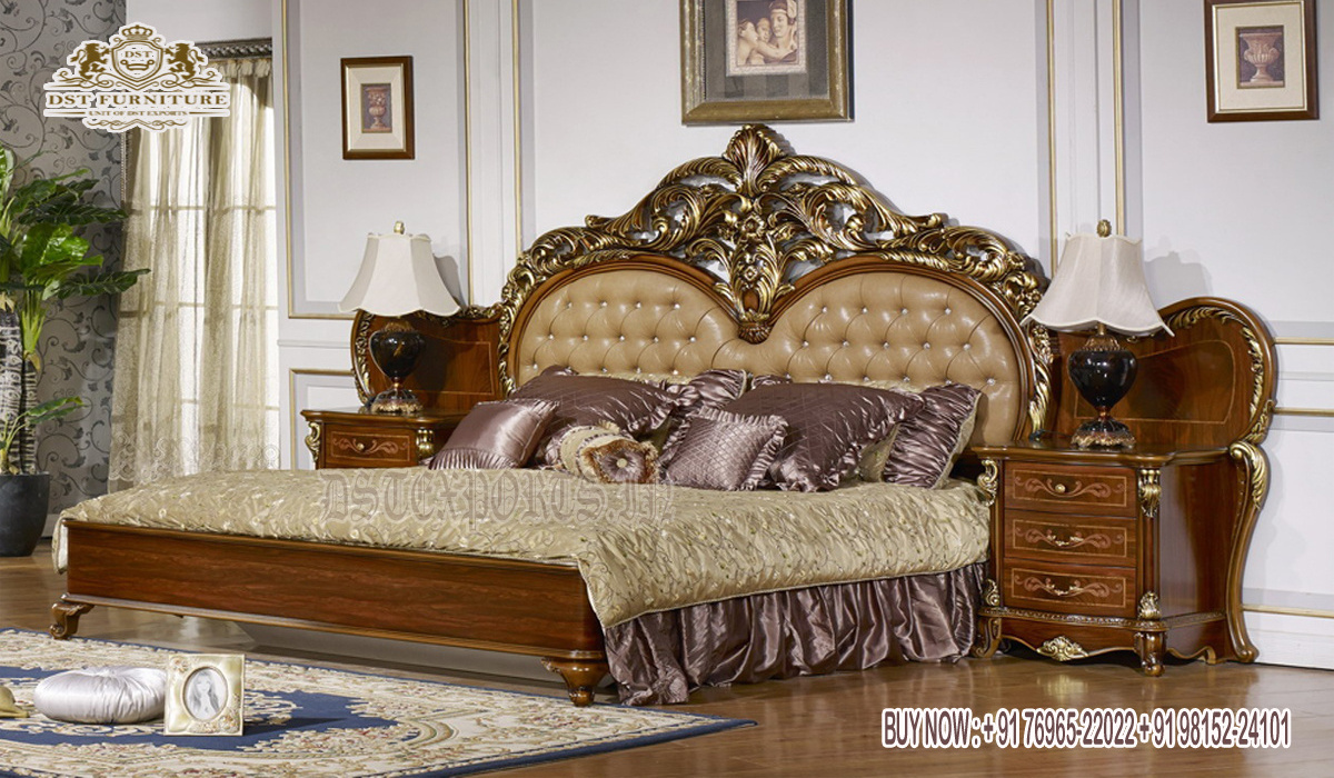 Brown Finish Hand Carved Bedroom Furniture Heart Shaped Glossy Look Bedroom Furniture Set European Style Wooden Bedroom Set