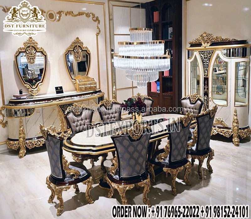 French Designed Hand Carved Dining Table And Chairs European Style Teak Wood Dining Furniture Set Italian Style Dining Table