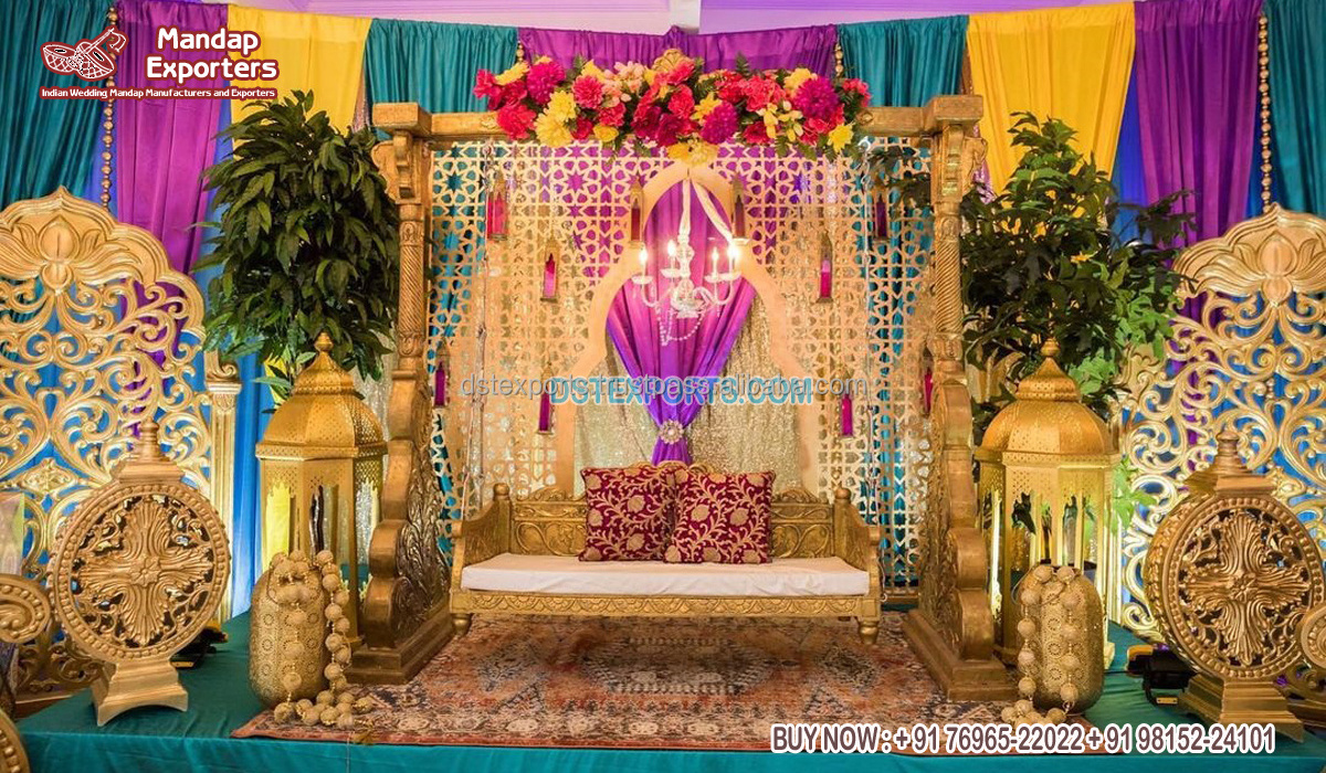 Indian Engagement Ceremony Swing For Couple Latest Oonjal  For Bridal Mehndi Seating Traditional Design Peacock Swing