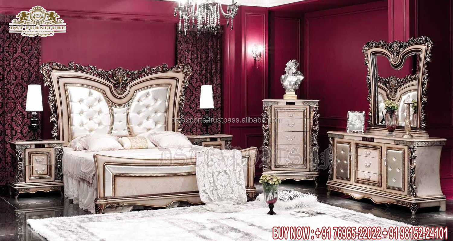 Brown Finish Hand Carved Bedroom Furniture Heart Shaped Glossy Look Bedroom Furniture Set European Style Wooden Bedroom Set