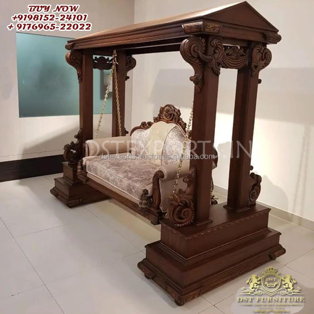 Latest Fully Hand Carved Antique Indoor Swing Traditional Handcrafted Elephant Base Swing Premium Quality Teak Wood Swing