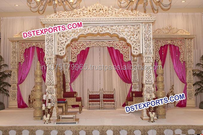 Traditional Indian Wooden Pillars Stage Handmade Wooden Carved Double Pillars Stage Set  Indian Wedding stage manufacturer