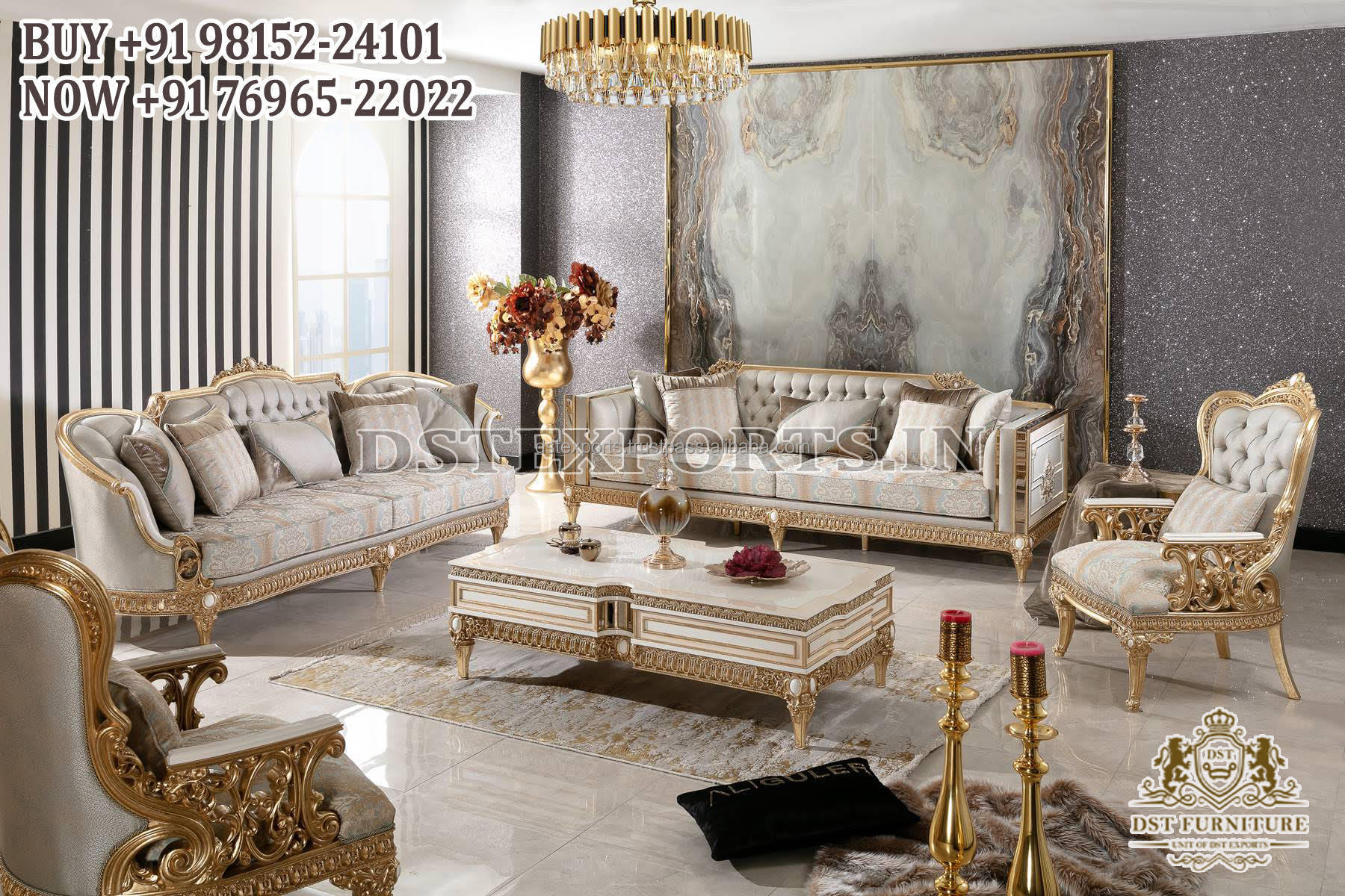 Mexican Style Sofa Set for Luxury Villas American Design Wood Drawing Room Furniture 5-Seater Hand Carved Sofa For Drawing Room