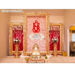 Wedding Mandap Stage Gold Backdrop Frame Luxury Mandap Wedding Decoration Backdrop Dazzling Golden Fiber Carved Panels