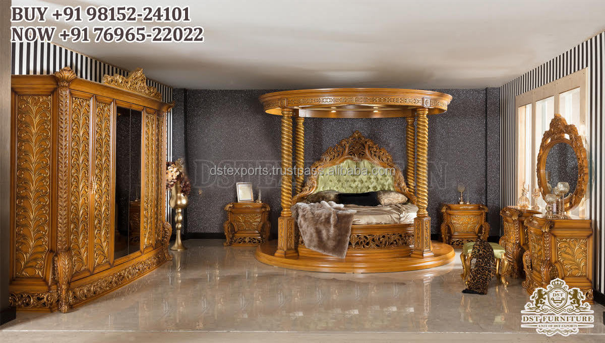 Modern Master Room Bedroom Furniture Set Classic Teak Wood Bedroom Furniture Set European Theme Hand Carved Bed