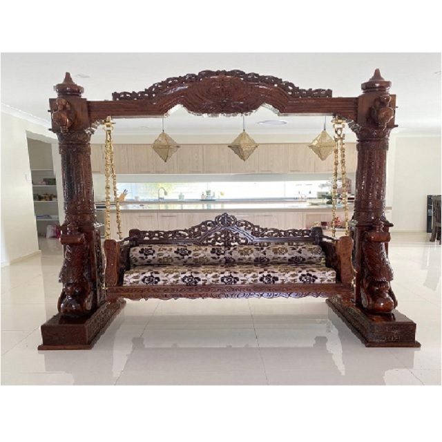 Premium Teak Wooden Swan Carved Swing Antique Hand Carved Jhula For Living Are Walnut Finish Peacock Swing For Home