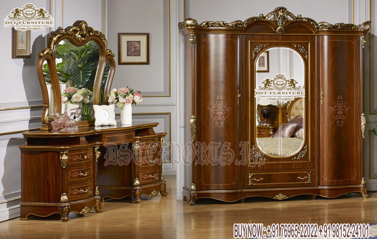 Brown Finish Hand Carved Bedroom Furniture Heart Shaped Glossy Look Bedroom Furniture Set European Style Wooden Bedroom Set