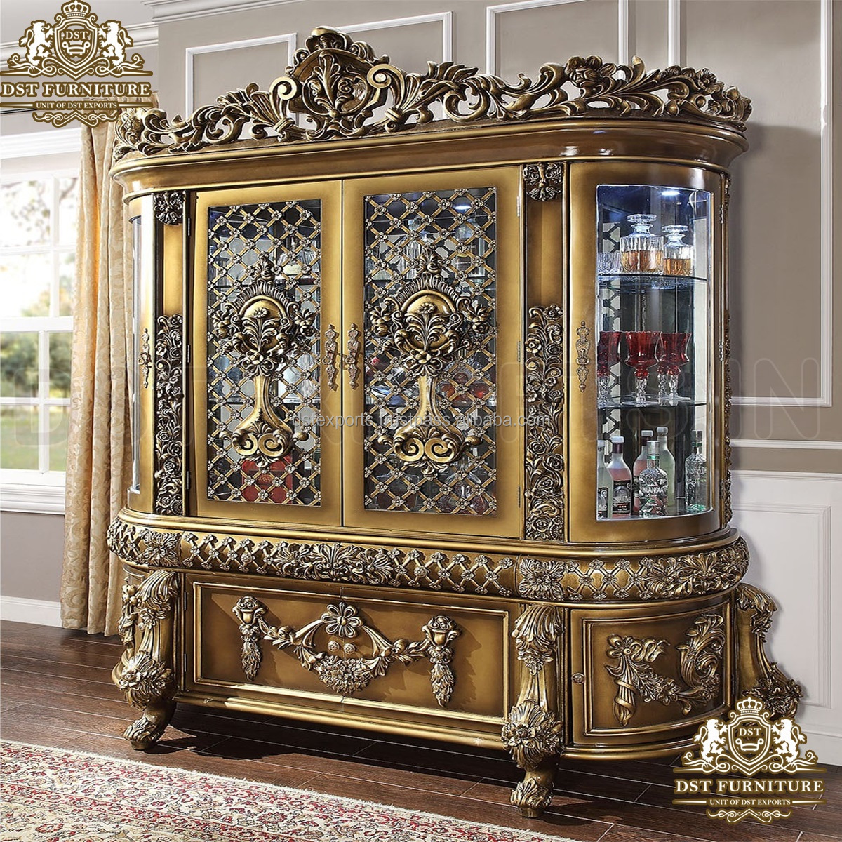 Classic Carved Formal Dining Curio Cabinet Luxury Carved Cabinet and Curios for Dining Room Victorian Carved Golden Gloss Finish