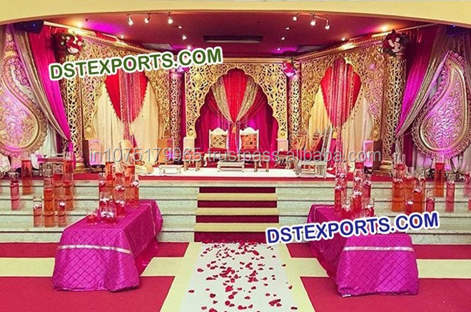 Traditional Indian Wooden Pillars Stage Handmade Wooden Carved Double Pillars Stage Set  Indian Wedding stage manufacturer