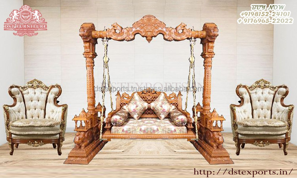 Full Hand Carved Swing In Teak Wood Traditional Indian Wooden Crafts Indoor Swings Premium Quality Wooden Carved Swing Jhoola