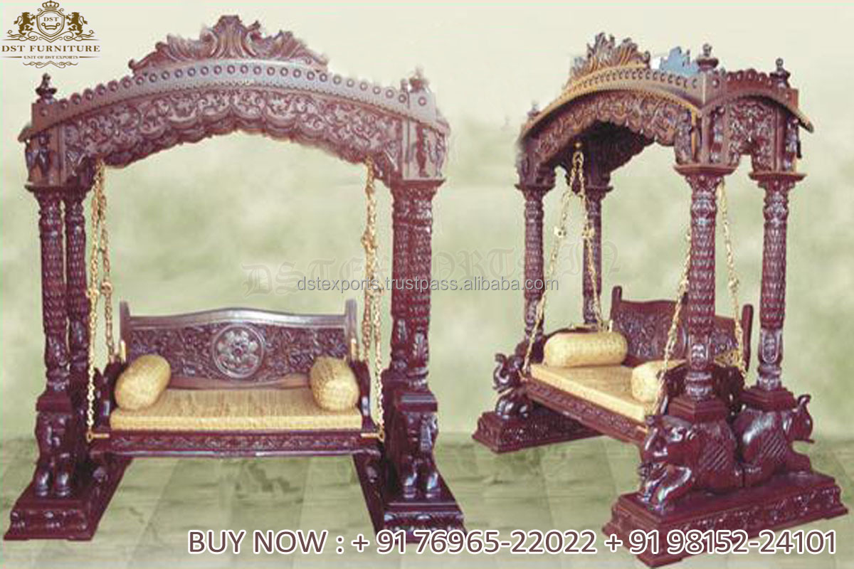 Premium Teak Wooden Swan Carved Swing Antique Hand Carved Jhula For Living Are Walnut Finish Peacock Swing For Home