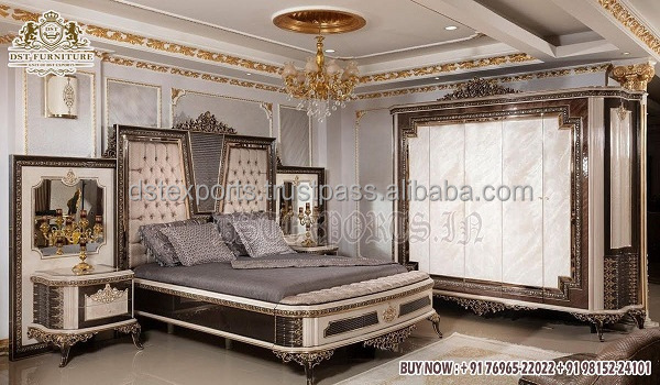 Royal King Size Canopy Bed for Grand Villa Exclusive Gold Finish King Bedroom furniture Grand Villa Queen Size Four Poster Bed