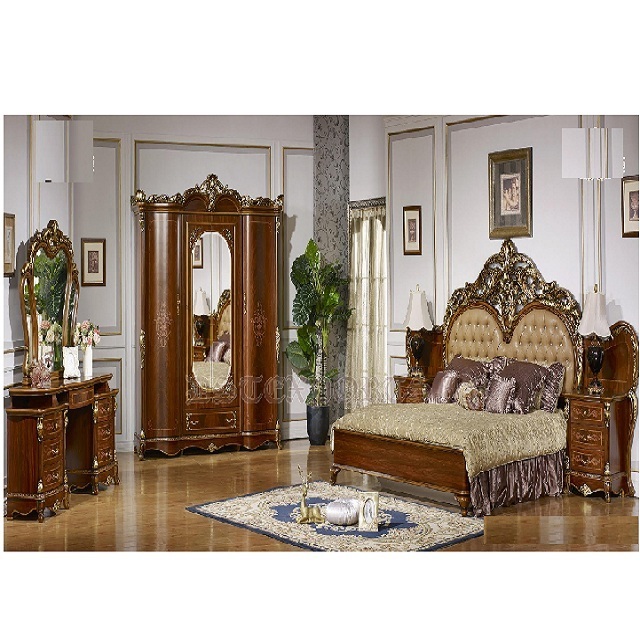 Brown Finish Hand Carved Bedroom Furniture Heart Shaped Glossy Look Bedroom Furniture Set European Style Wooden Bedroom Set