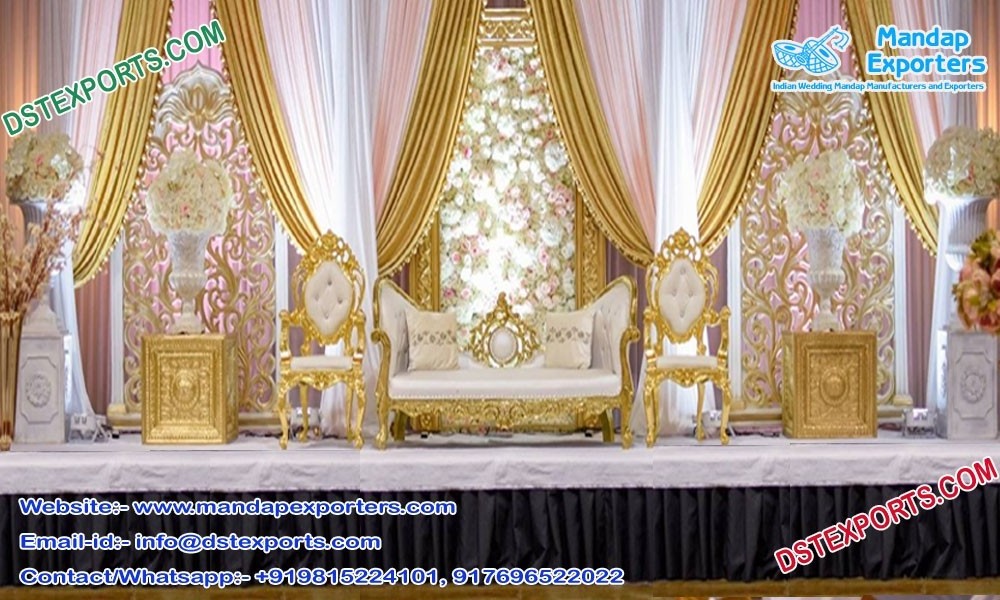 Indian Wedding Carved Gold Sofa Set Unique Design Wedding Sofa Set With Gold Carving Stylish Look Wedding Stage Furniture Set