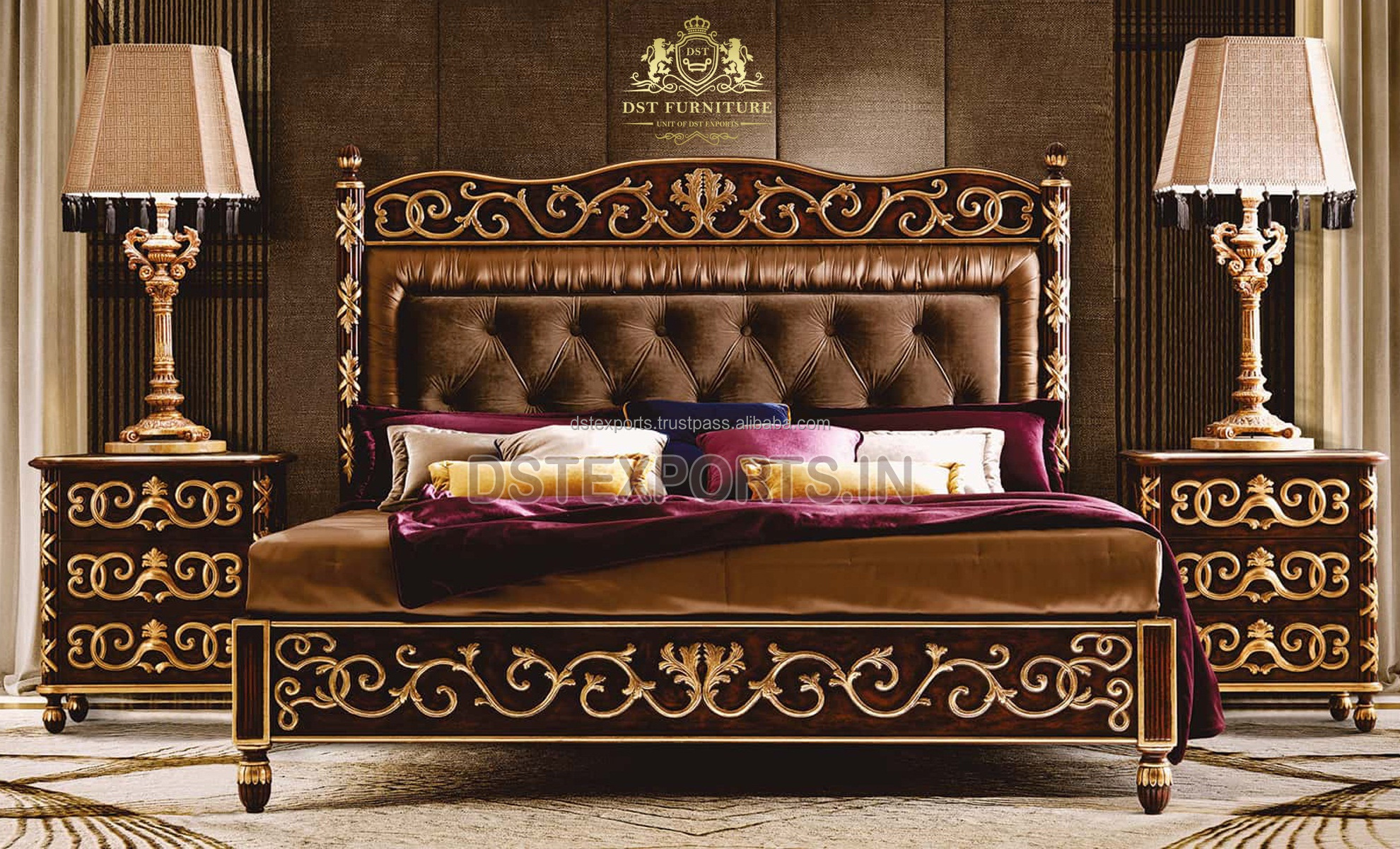 Exotic Indian Beds & Bedroom Furniture Exclusive Golden Upholstery Bedroom Furniture Set Luxury King Bedroom 5 Piece Furniture