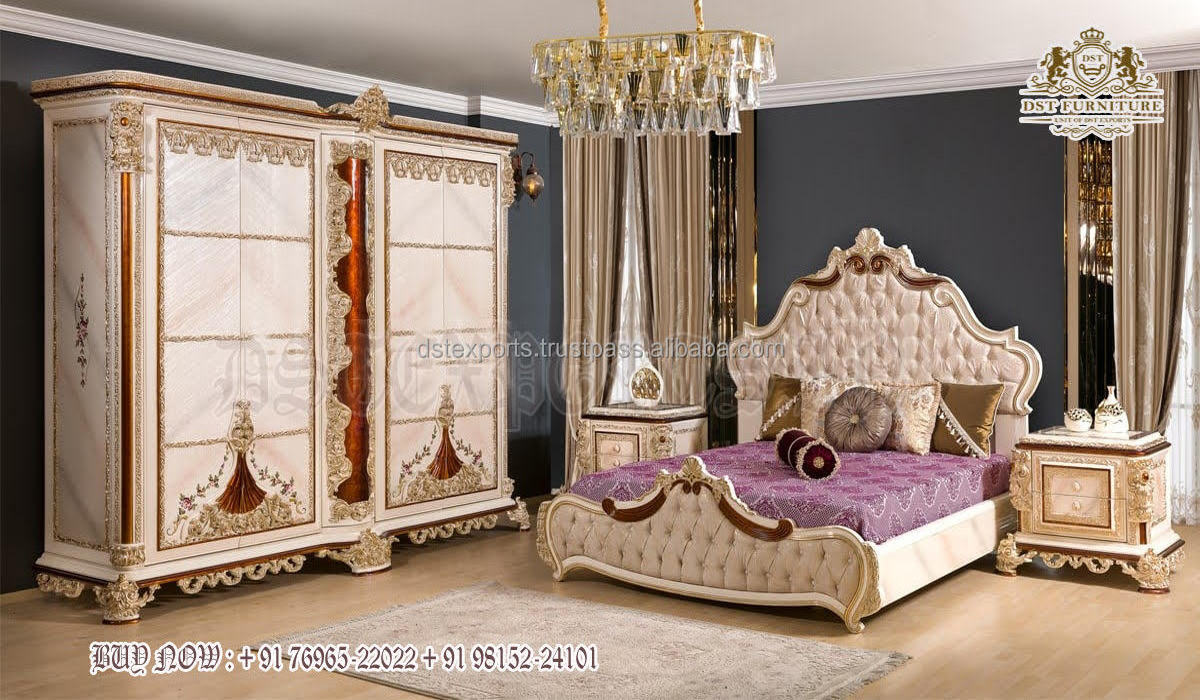 Indian Classic Design Sleigh Bedroom Furniture Vintage Style Heavy Carved Bed With Nightstand Turkish Design Bed with Side Table