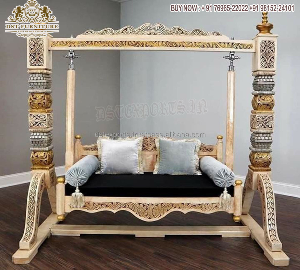 White Gold Teak Wood Jhula For Lobby Online  Fully Hand Carved  Teak Wooden  Jhula For Home Antique Elephant Carved Swing Set