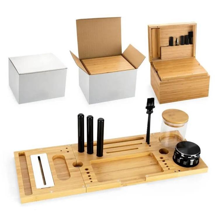 New Bamboo Herb Storage Container All Herbs Smoking Accessories Grinder Pipe Rolling Wood Stash Box With Rolling Tray