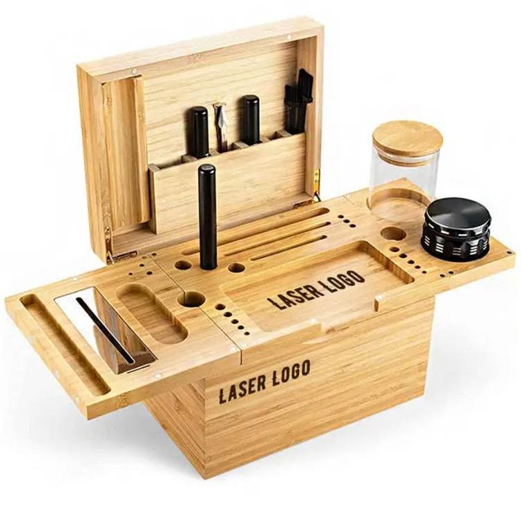 New Bamboo Herb Storage Container All Herbs Smoking Accessories Grinder Pipe Rolling Wood Stash Box With Rolling Tray