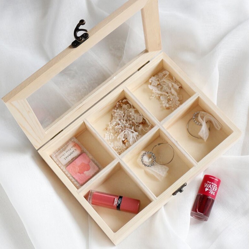 Unfinished 6 Compartments wooden  display Box Transparent Wooden Lipstick Box