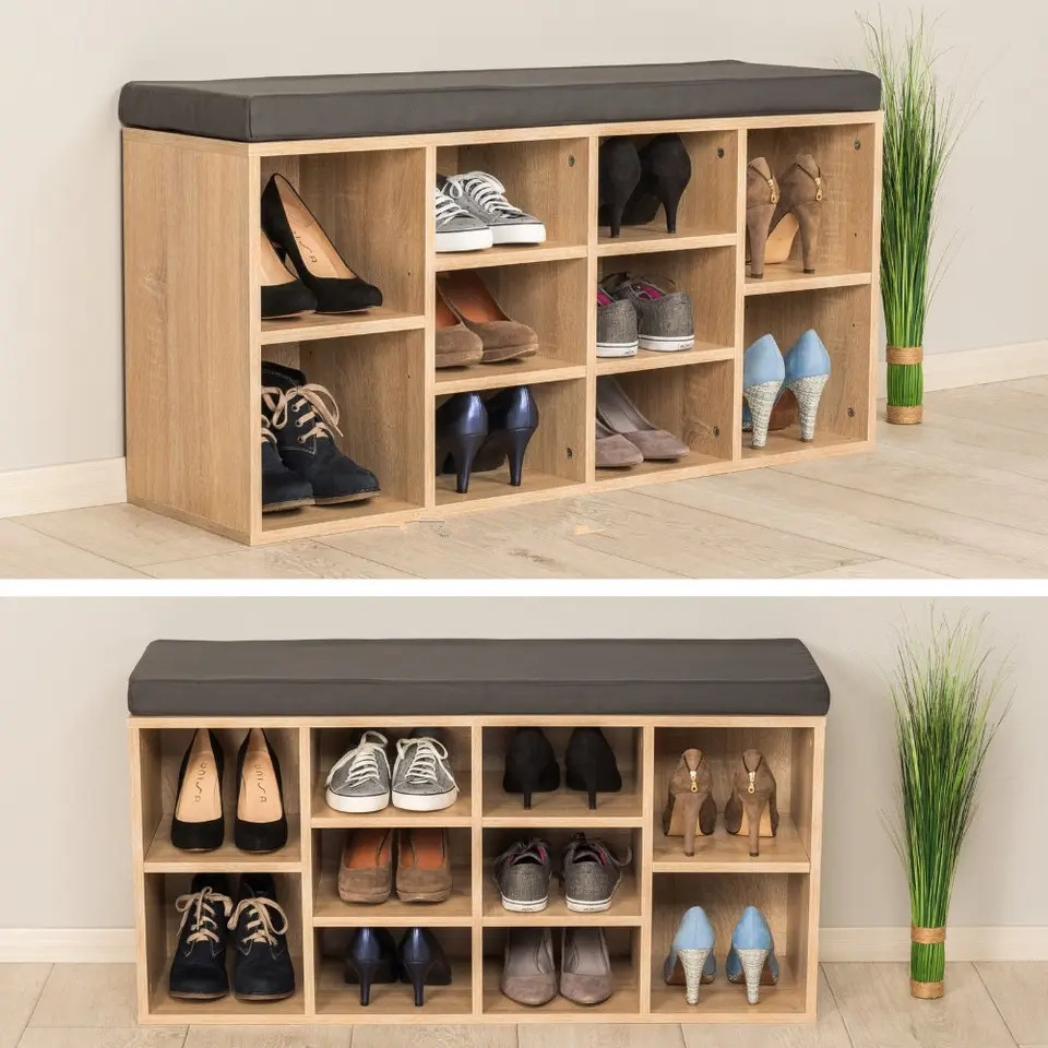 MDF oak wooden shoe rack cabinet with cushion hallway seat furniture