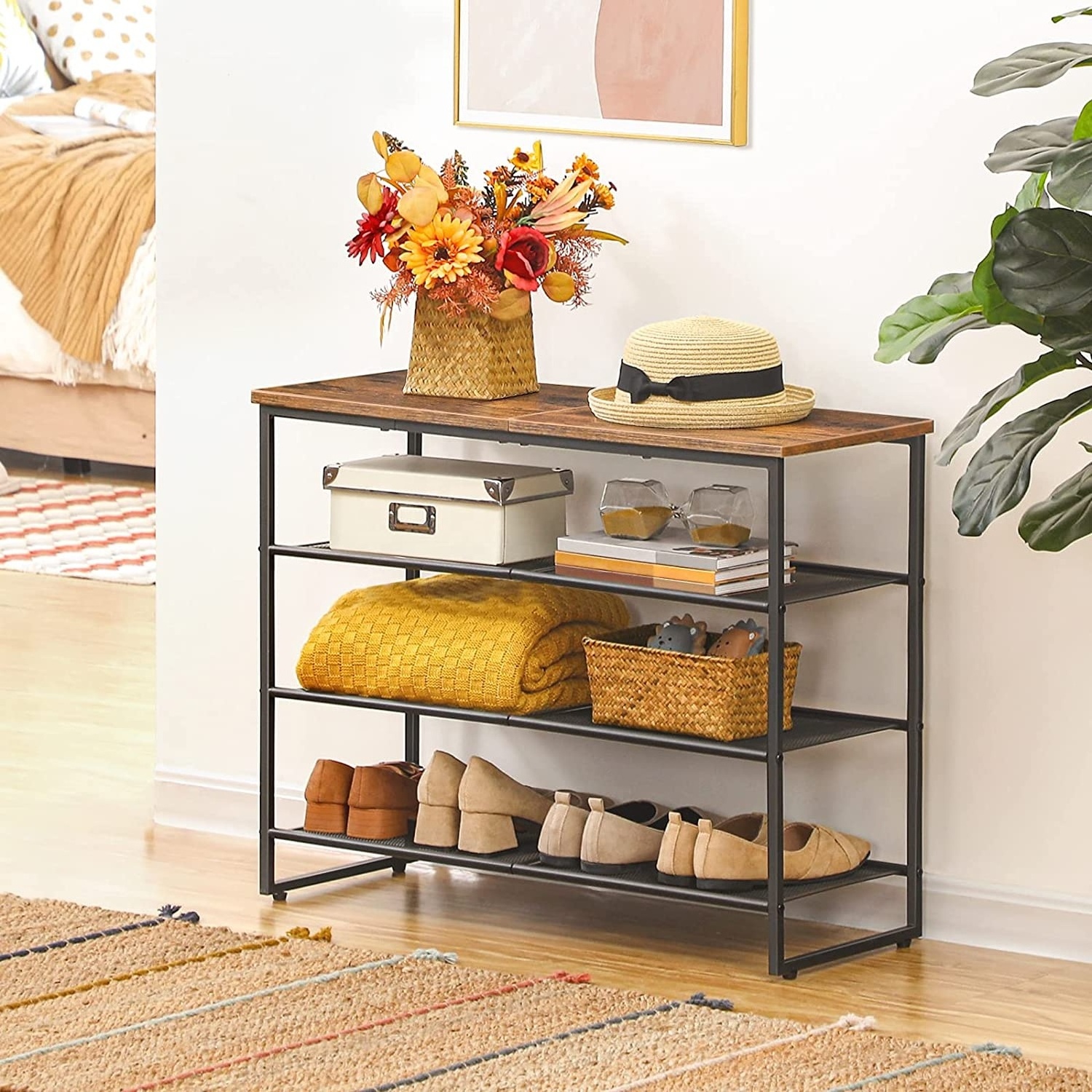 Shoe Racks 4-Tier Shoe Storage Organizer With 3 Metal Mesh Shelves For shoe rack living room