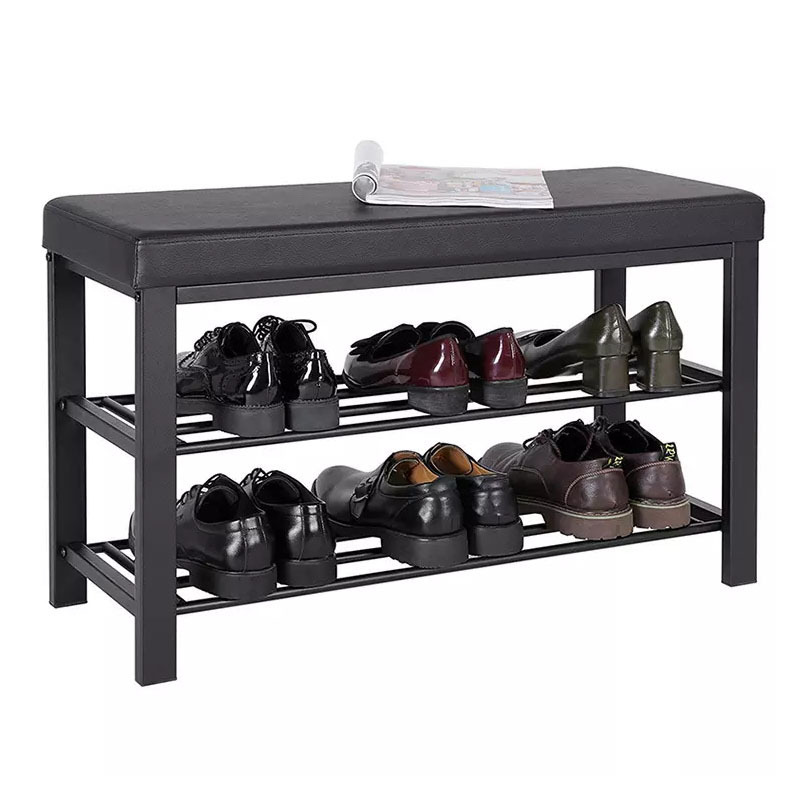 Entryway Shoe Rack with Cushioned Seat  Metal frame 2 Shelves Shoe Storage Bench