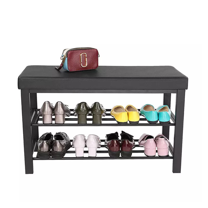 Entryway Shoe Rack with Cushioned Seat  Metal frame 2 Shelves Shoe Storage Bench