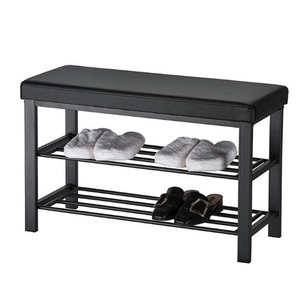 Entryway Shoe Rack with Cushioned Seat  Metal frame 2 Shelves Shoe Storage Bench