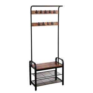 Wholesale Cheap Coat Rack Stand Rustic Brown Industrial hallway Shoe Rack Removable Hooks Metal Wood Hangers Storage Cabinet