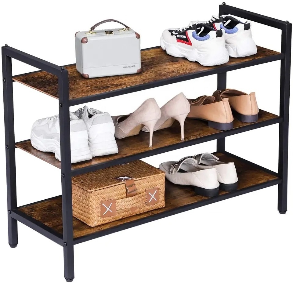 Brown Rustic 3 Tier Stackable Industrial Storage Organizer Shelves Ideal Durable And Easy Assembly Furniture Wood Shoe Rack