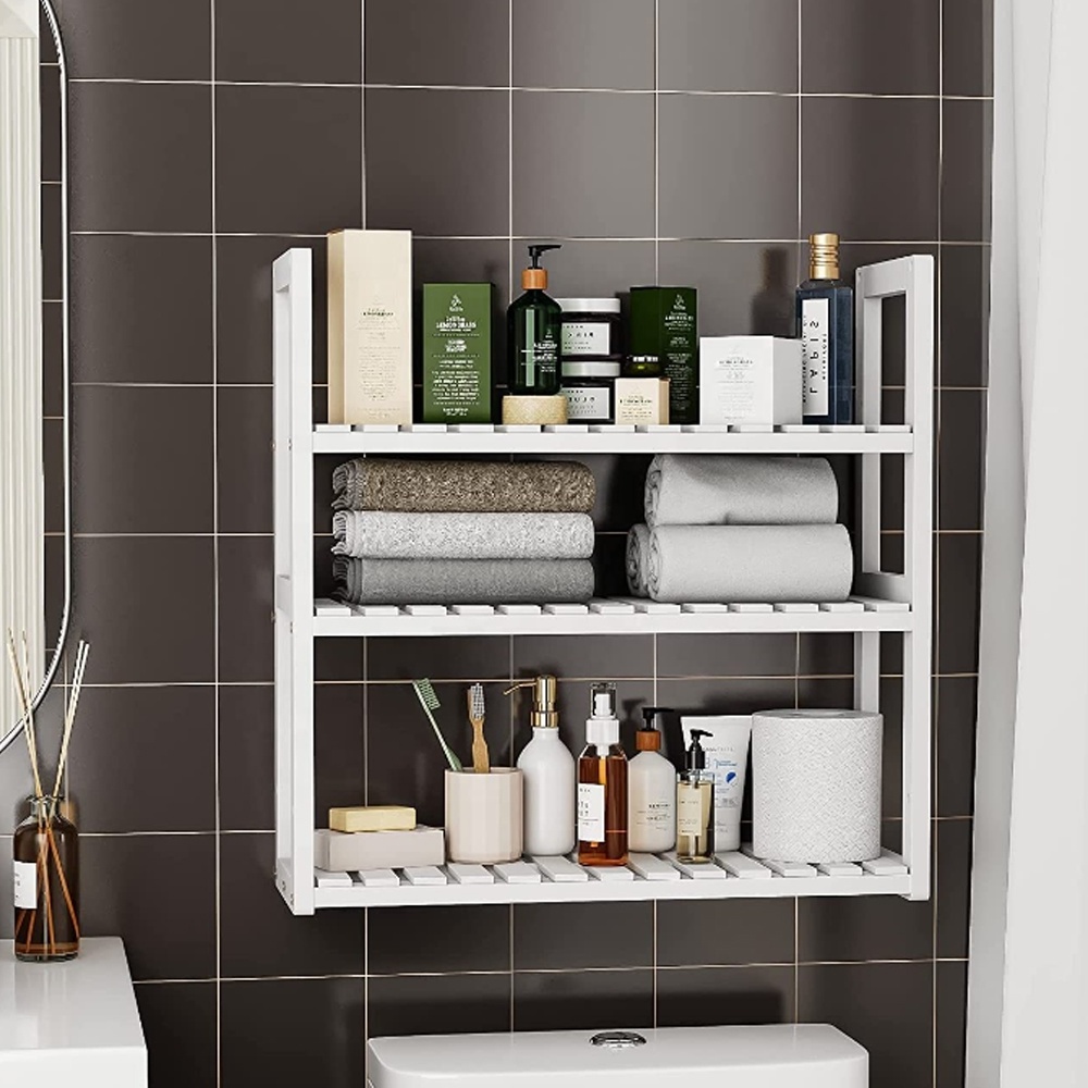 Bathroom Organizer Shelves Black Adjustable 3 Tiers Floating Shelf Over The Toilet Storage with towel  Hanging Rod for kitchen