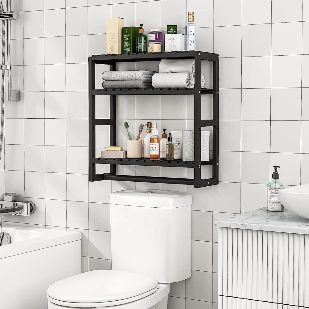 Bathroom Organizer Shelves Black Adjustable 3 Tiers Floating Shelf Over The Toilet Storage with towel  Hanging Rod for kitchen