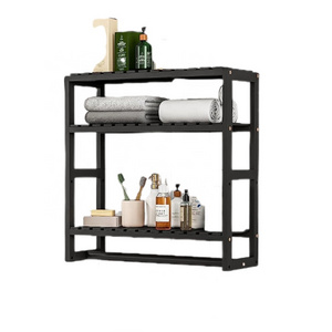 Bathroom Organizer Shelves Black Adjustable 3 Tiers Floating Shelf Over The Toilet Storage with towel  Hanging Rod for kitchen