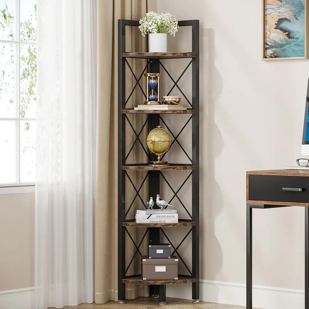 5-Tier Corner Shelf Stand Tall Corner Bookshelf Corner Plant Stand Metal  Storage Shelves for Living Room Home Office  White