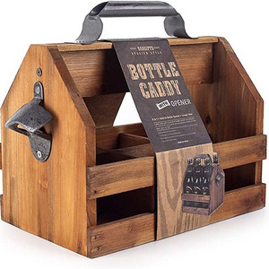 Manufacturers Wooden Beer Bottle Crates For Sale Beer Caddy With Handle And Metal Bottle Opener Wooden Beer Crates