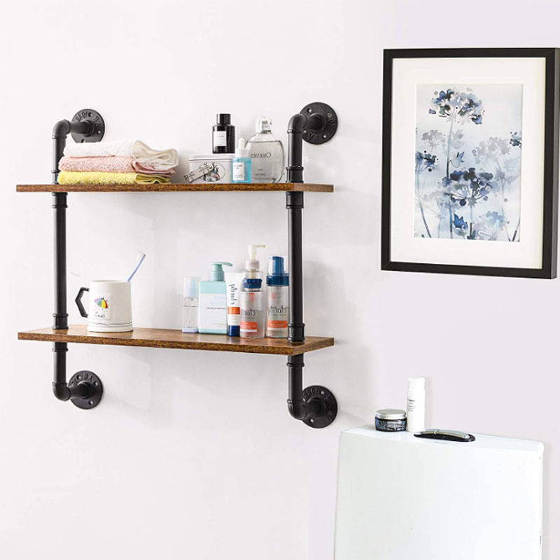 Industrial Pipe Floating Shelf 2 Tier Wall Mounting  Bookshelf Iron Storage Wall  Shelves For Bathroom Kitchen Bedroom