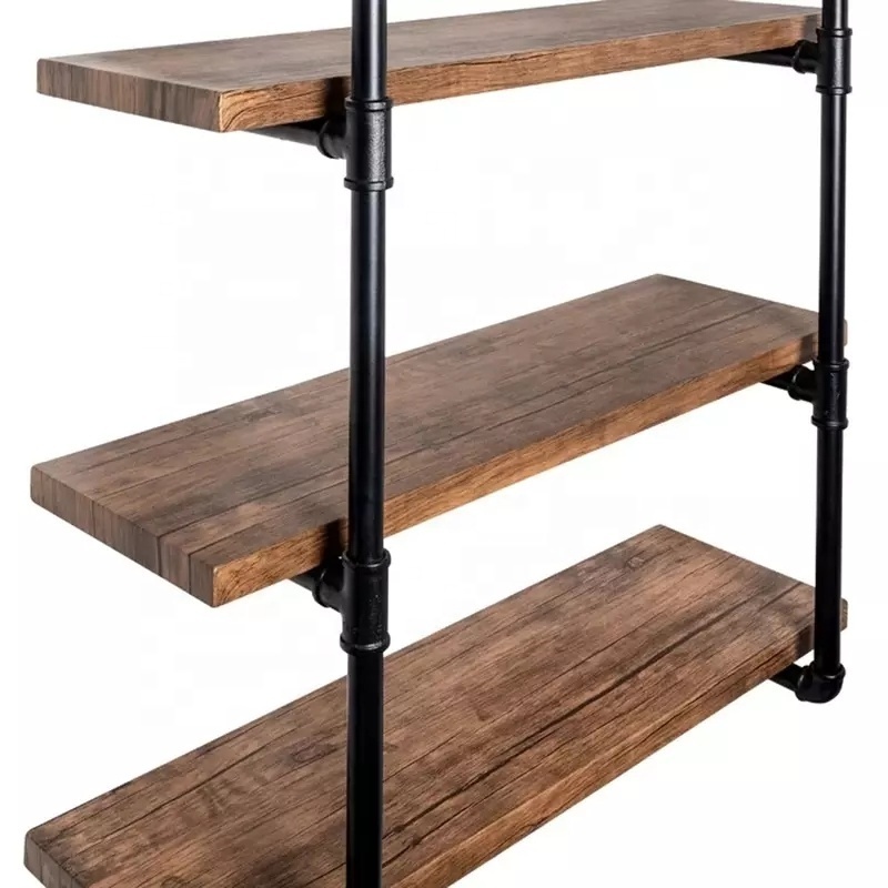 Industrial Wall Mounted Pipe Shelving,Rustic Metal Floating Shelves,Steampunk Real Wood Bookcases (4-Tier with 3 Boards,48in)