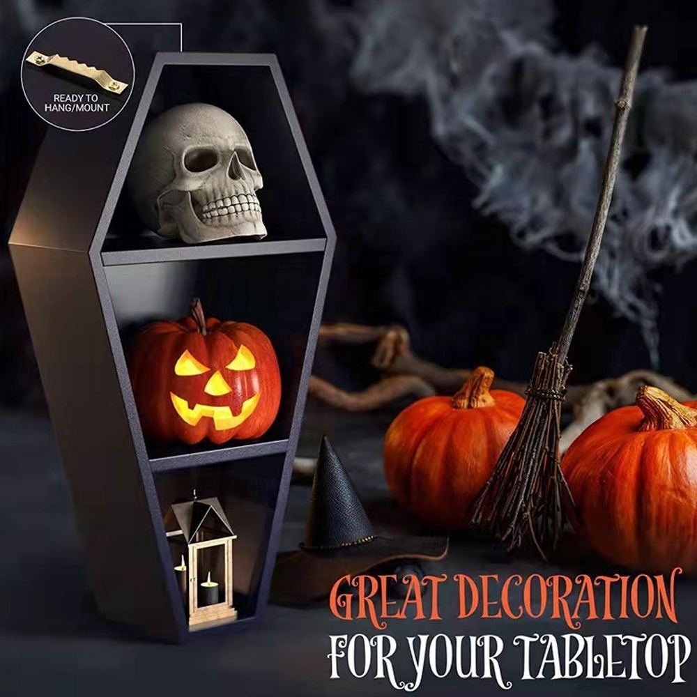 Hot Sale Wall Decor Coffin Shelf Hanging Black Halloween Decoration Floating Wooden Wall Shelf Design Home Gothic Decor