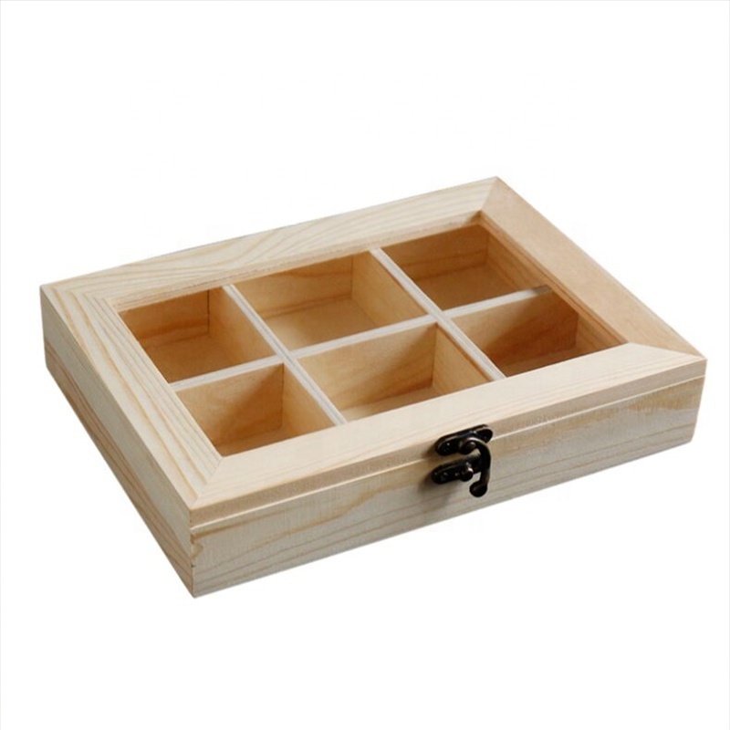 Unfinished 6 Compartments wooden  display Box Transparent Wooden Lipstick Box