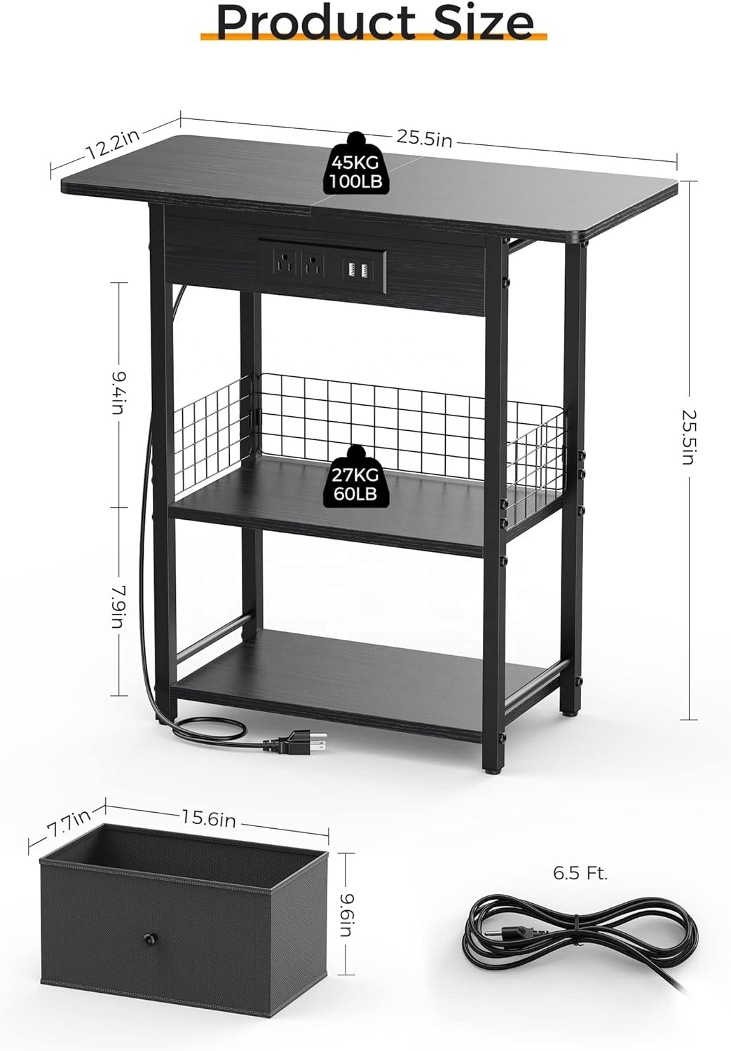 End Table with Charging Station  25.5 Sofa Side Table with USB Ports and Outlets Narrow Nightstand with Fabric Drawer