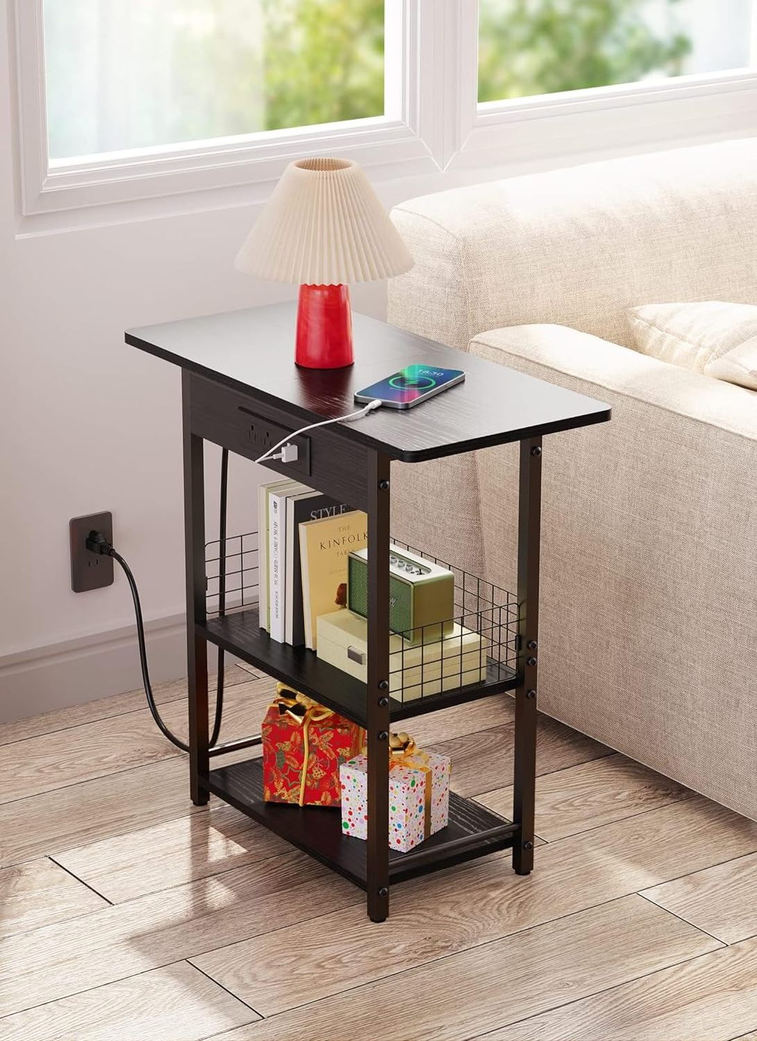 End Table with Charging Station  25.5 Sofa Side Table with USB Ports and Outlets Narrow Nightstand with Fabric Drawer